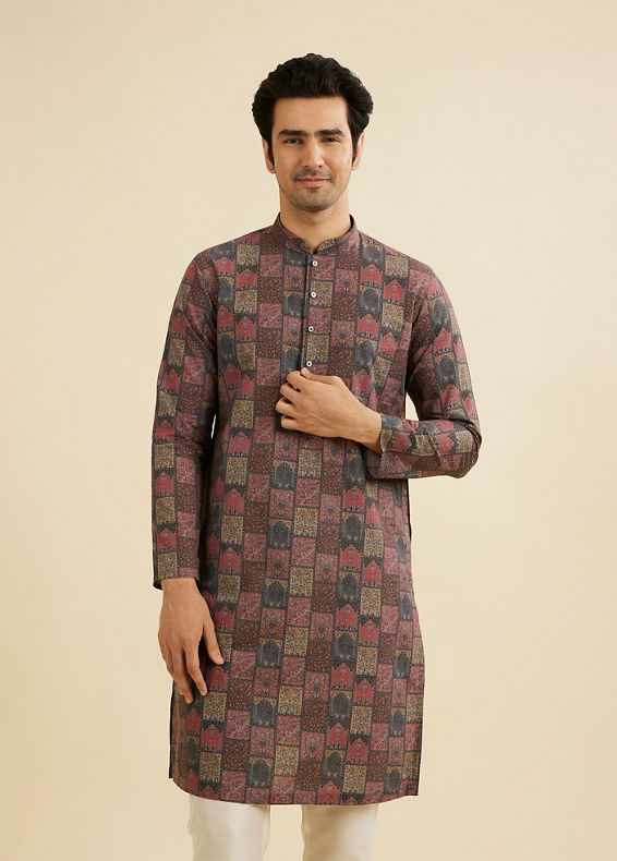 Manyavar Men Beige And Pink Kurta with Imperial Darbar Patterns
