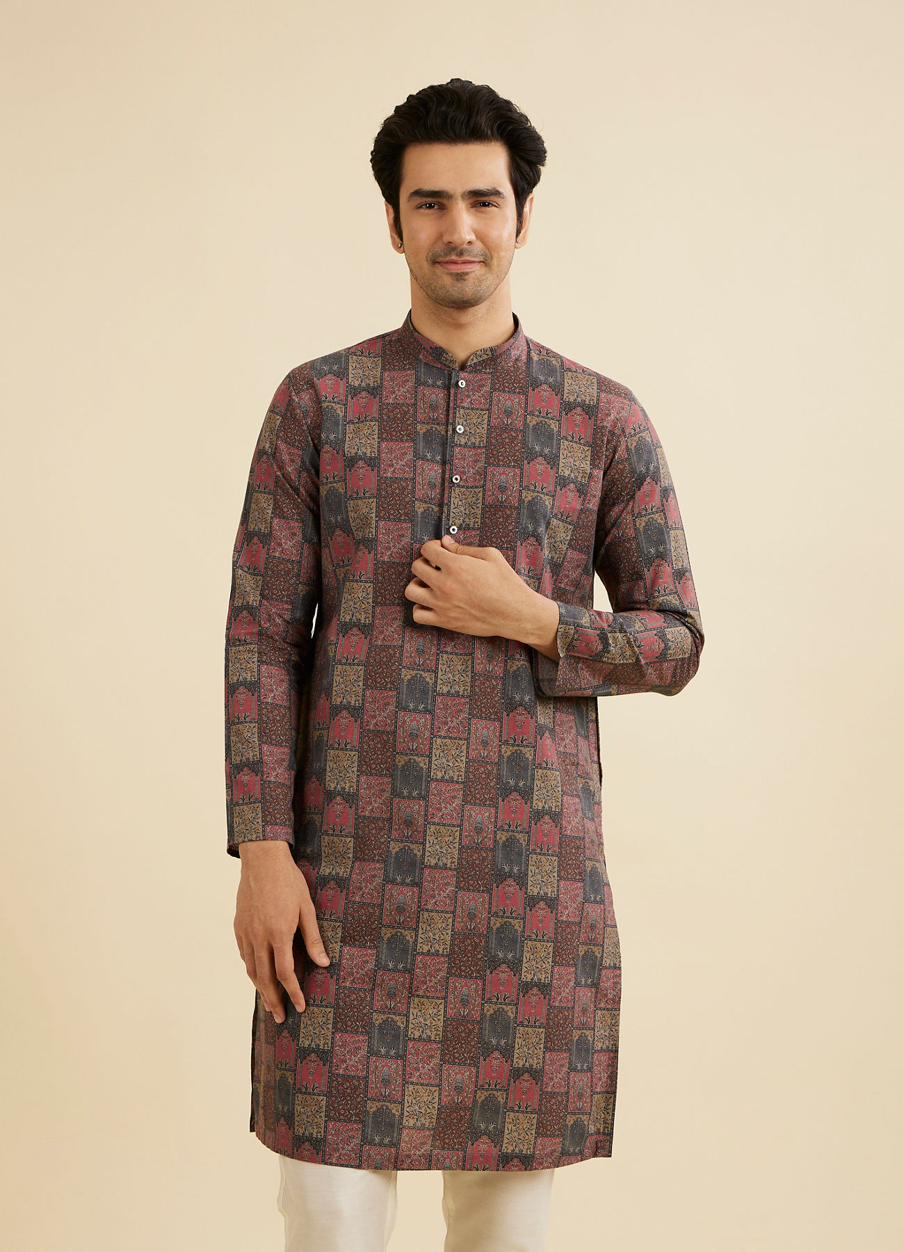 Manyavar Men Beige And Pink Kurta with Imperial Darbar Patterns