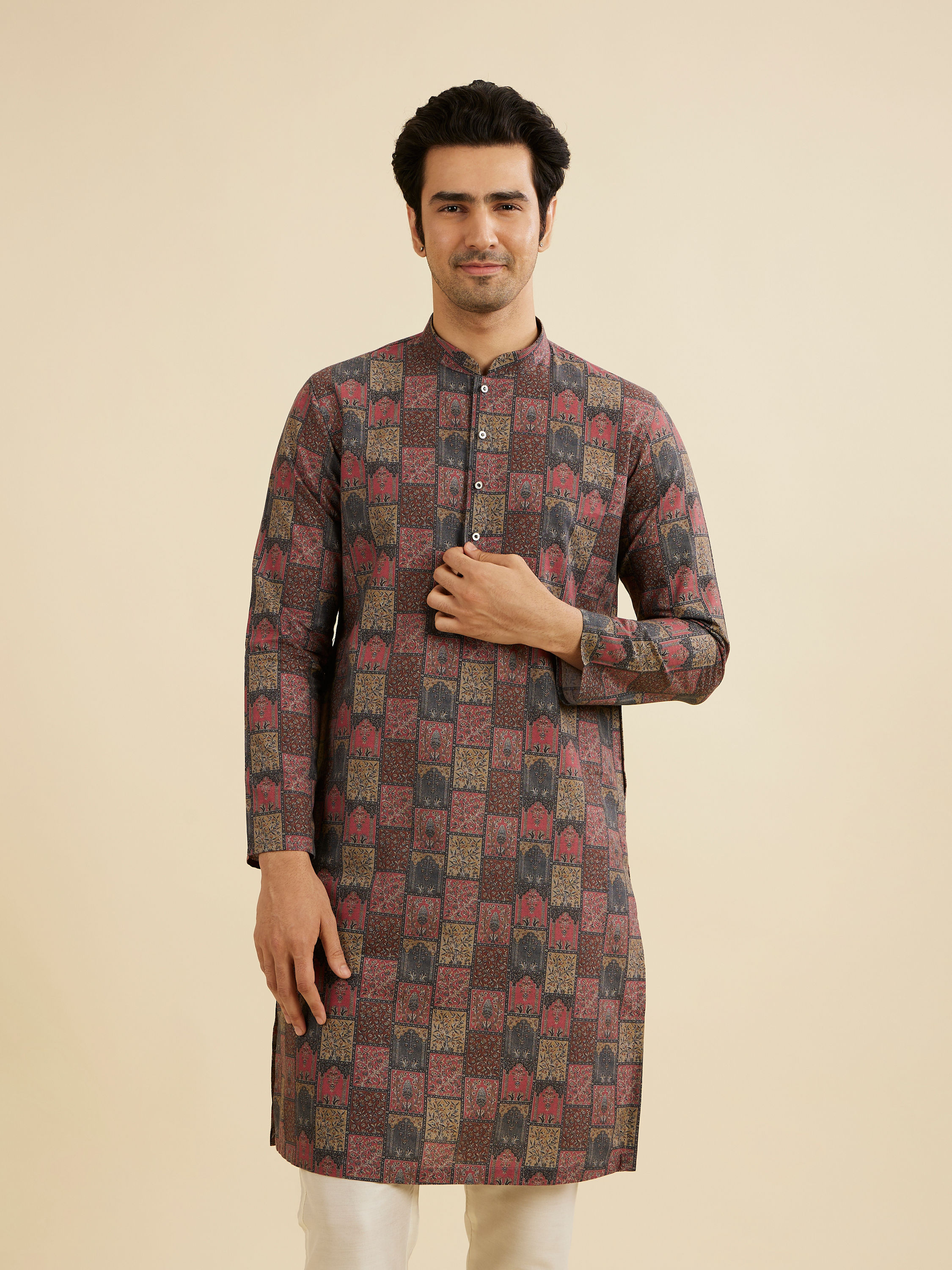 Manyavar Men Beige And Pink Kurta with Imperial Darbar Patterns