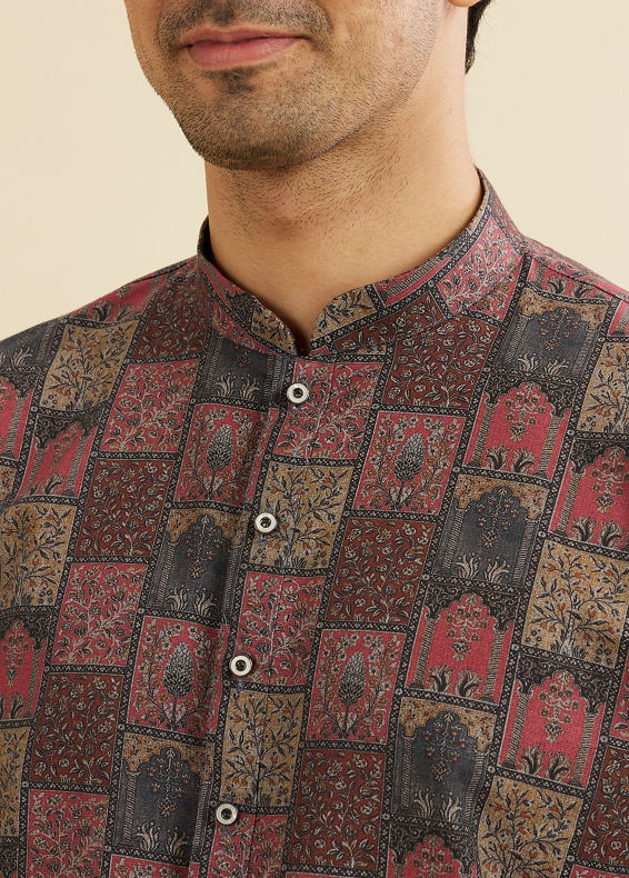 Manyavar Men Beige And Pink Kurta with Imperial Darbar Patterns