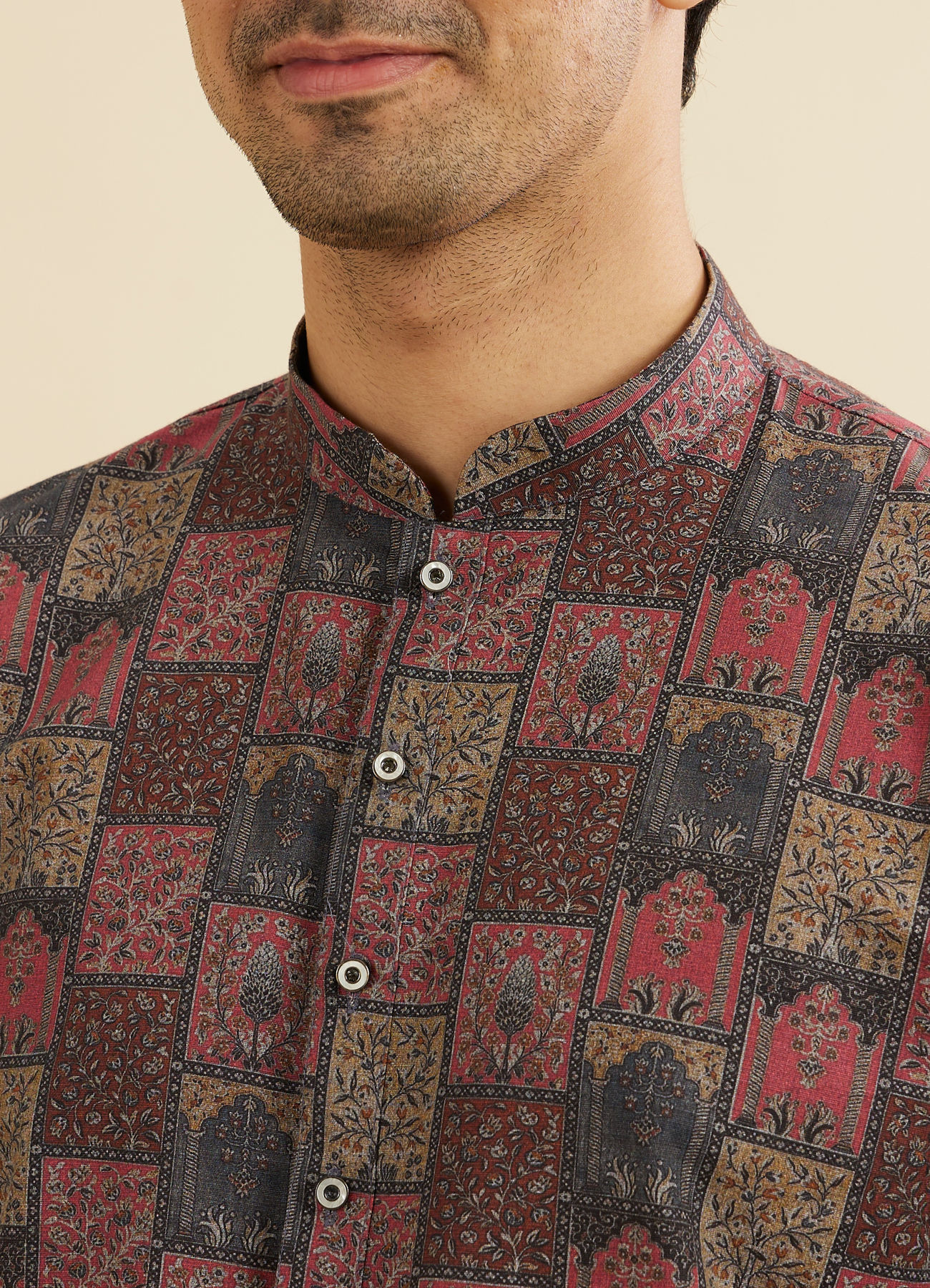 Manyavar Men Beige And Pink Kurta with Imperial Darbar Patterns