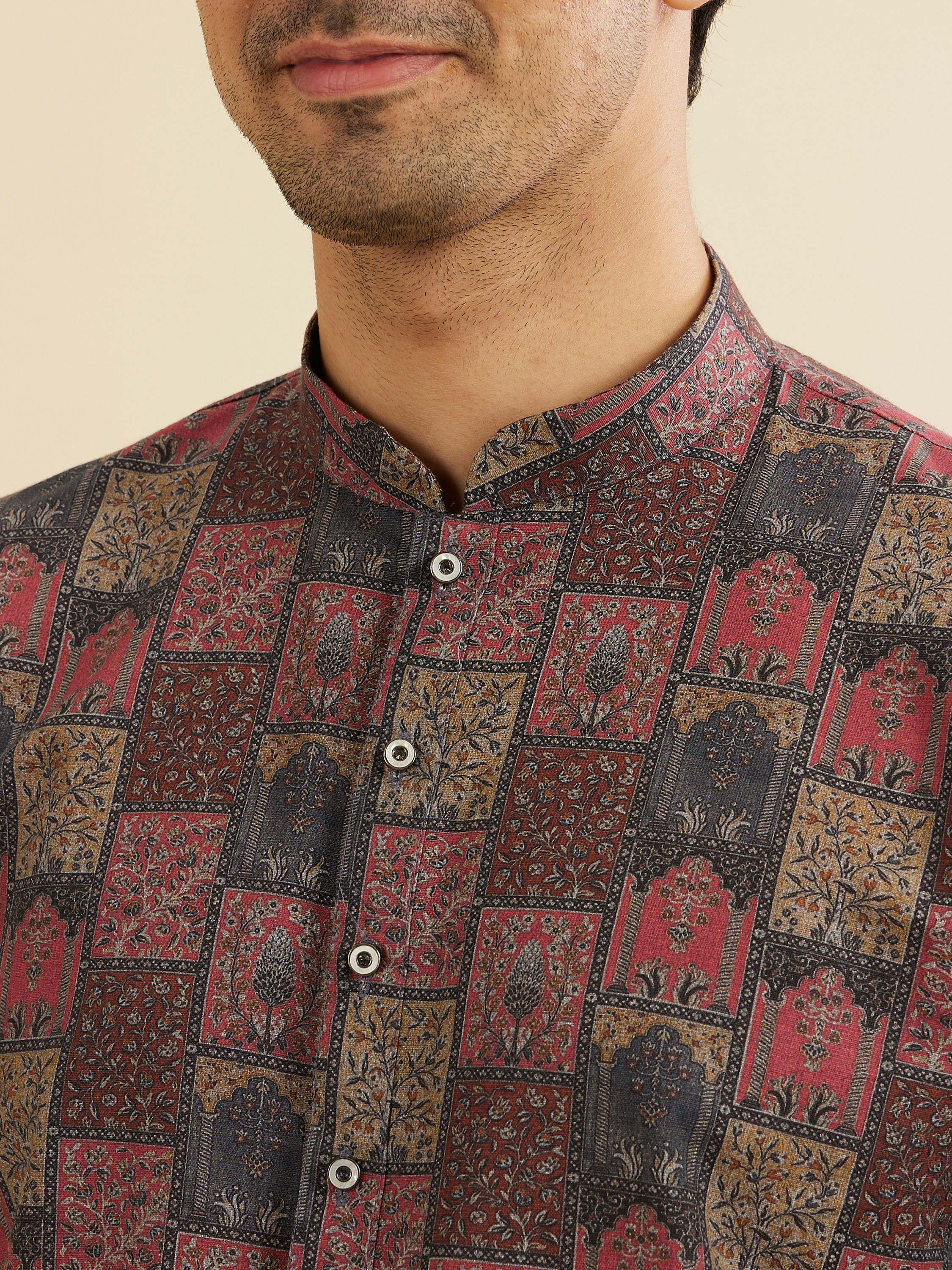 Manyavar Men Beige And Pink Kurta with Imperial Darbar Patterns