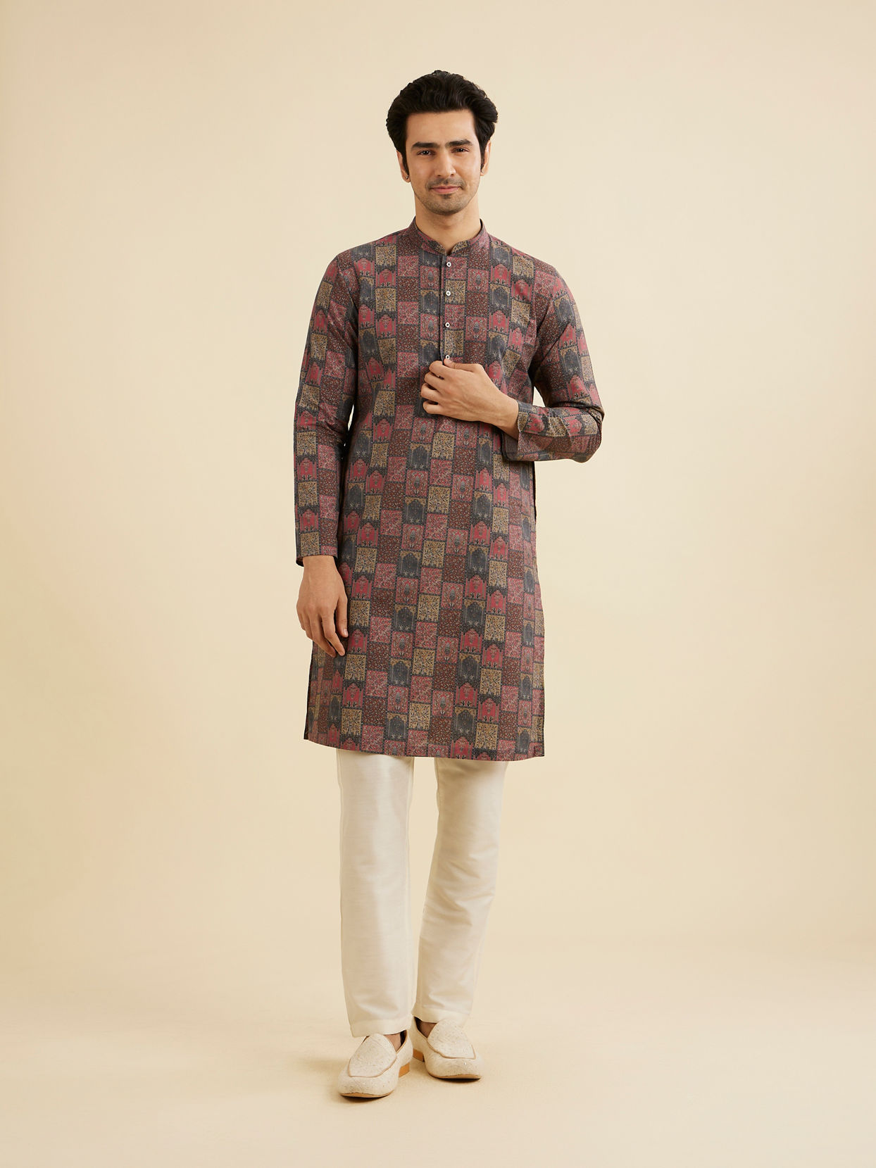 Manyavar Men Beige And Pink Kurta with Imperial Darbar Patterns