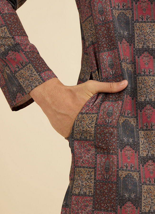 Manyavar Men Beige And Pink Kurta with Imperial Darbar Patterns
