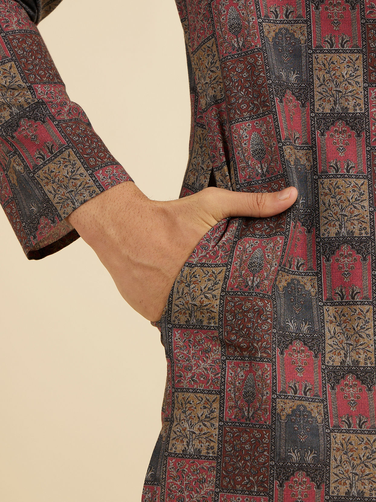 Manyavar Men Beige And Pink Kurta with Imperial Darbar Patterns