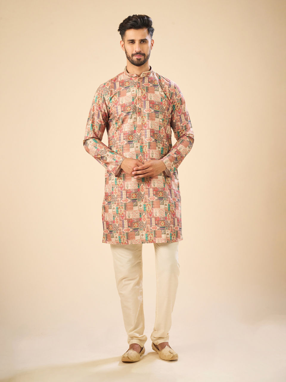 Manyavar Men Beige Mid Length Kurta Splendor