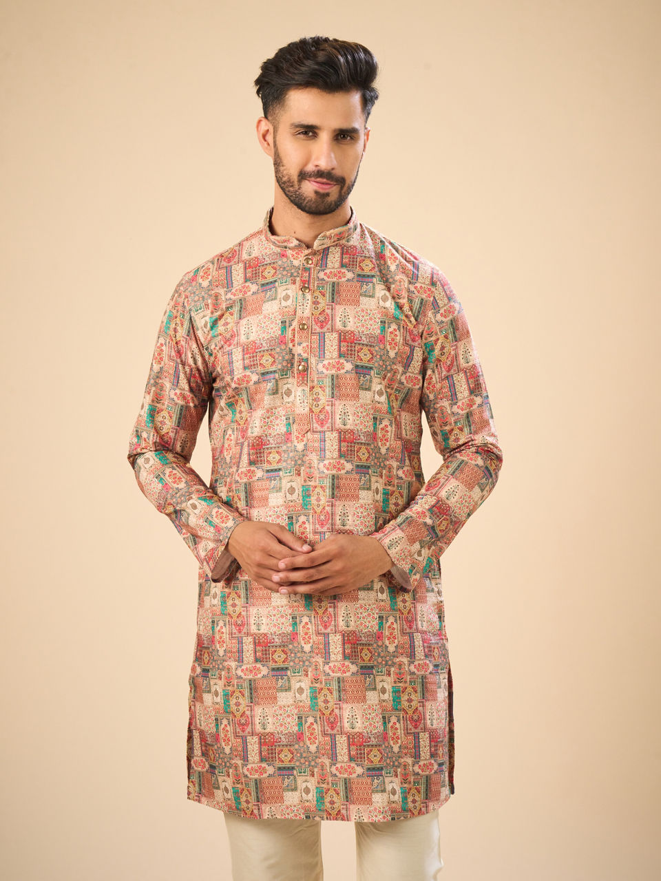 Manyavar Men Beige Mid Length Kurta Splendor