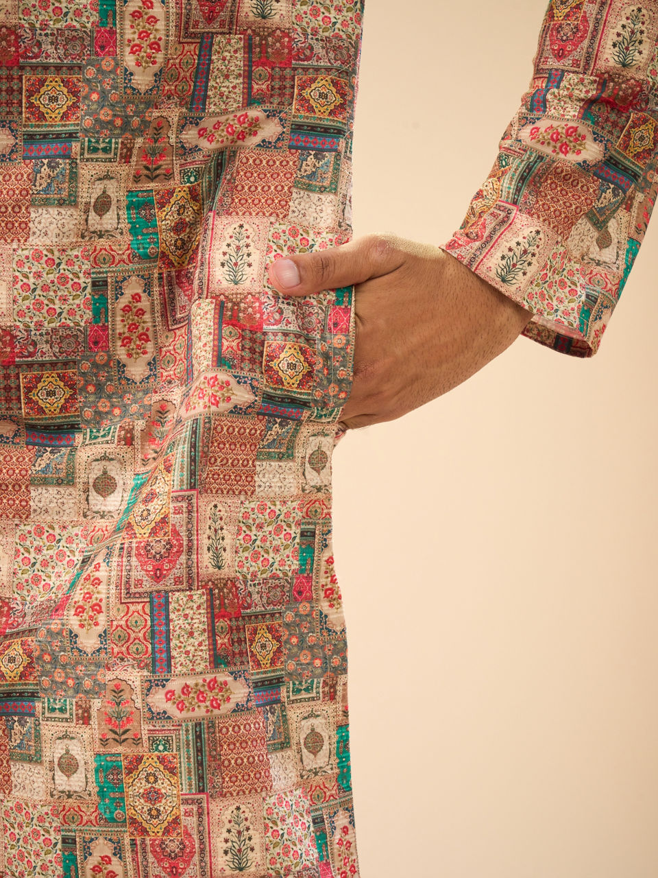 Manyavar Men Beige Mid Length Kurta Splendor