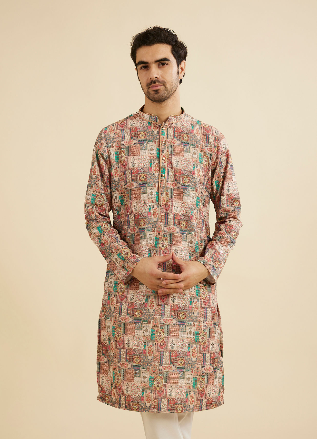 Manyavar Men Rust And Beige Abstract Printed Kurta