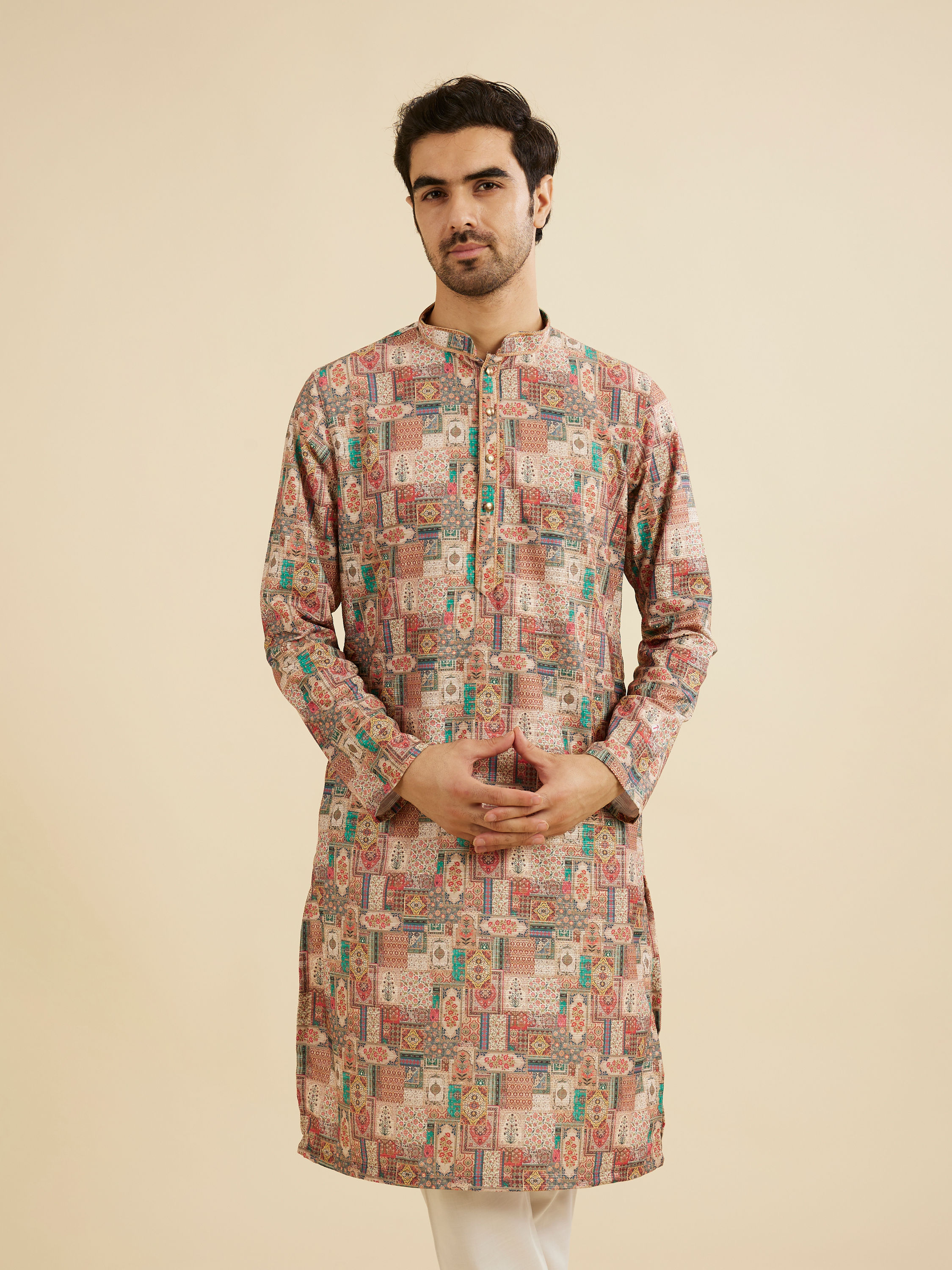 Manyavar Men Rust And Beige Abstract Printed Kurta