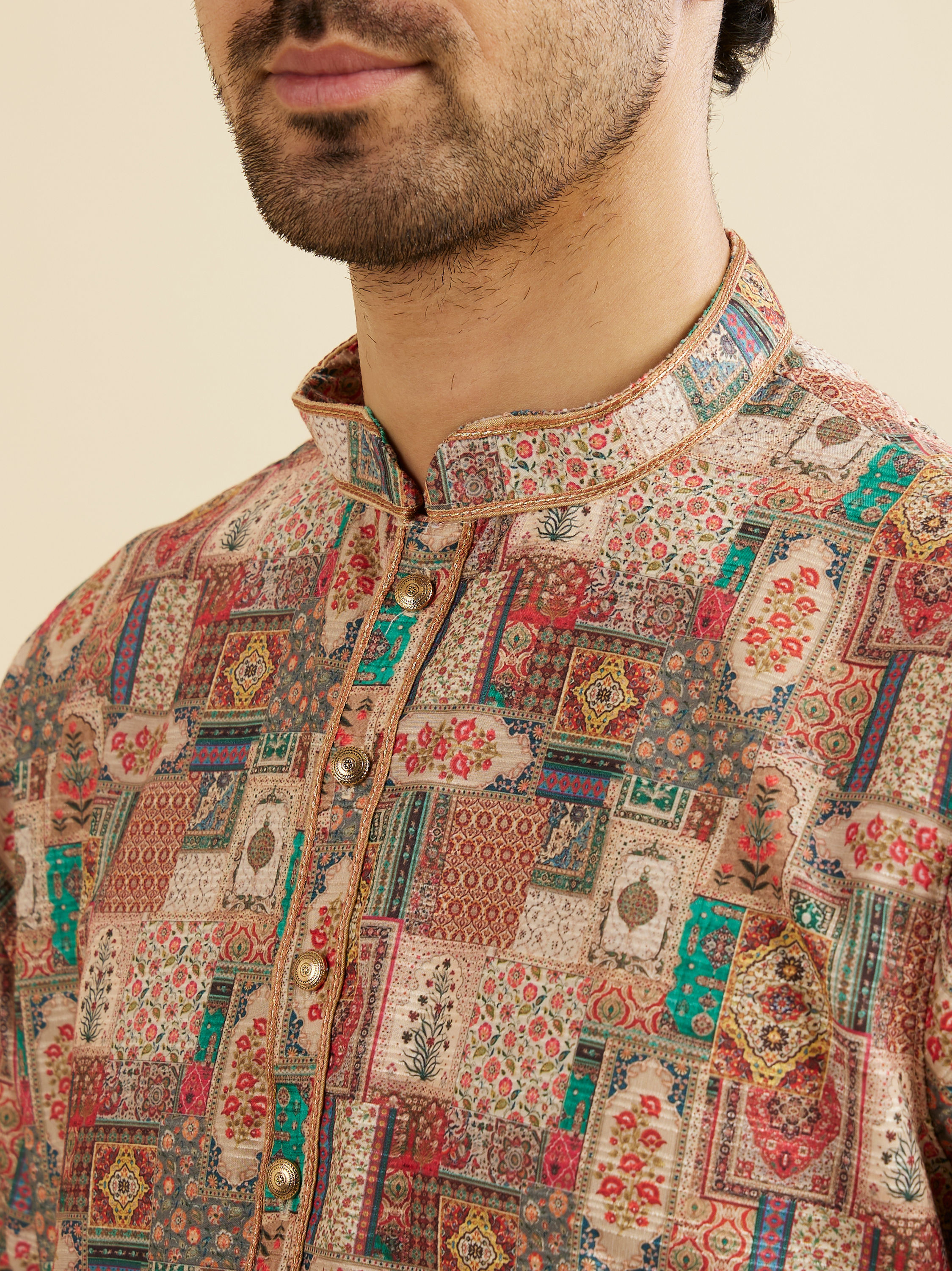 Manyavar Men Rust And Beige Abstract Printed Kurta