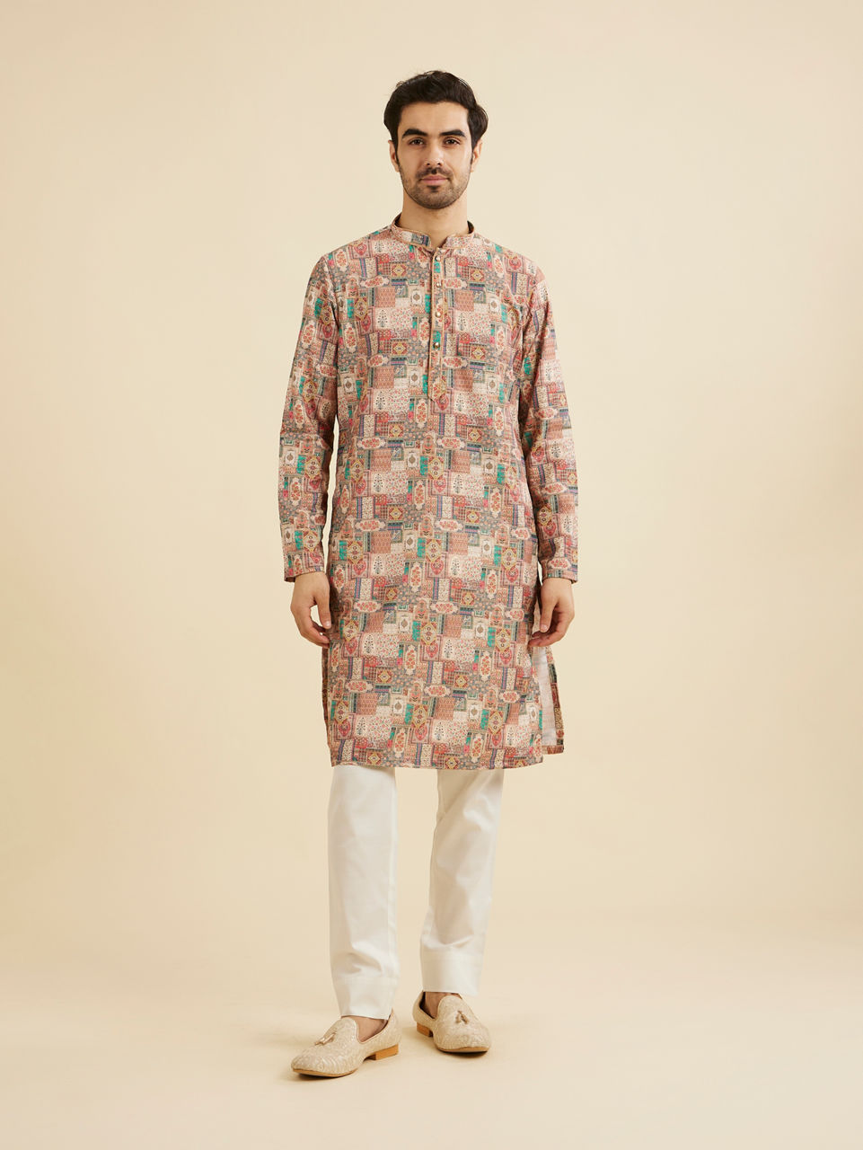 Manyavar Men Rust And Beige Abstract Printed Kurta