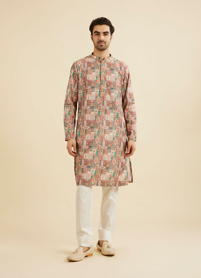 Manyavar Men Rust And Beige Abstract Printed Kurta