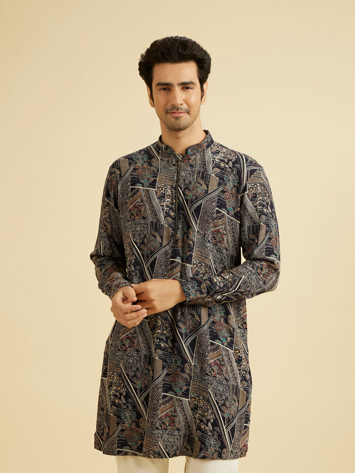 Manyavar Men Dark Blue Elite Spandex Kurta