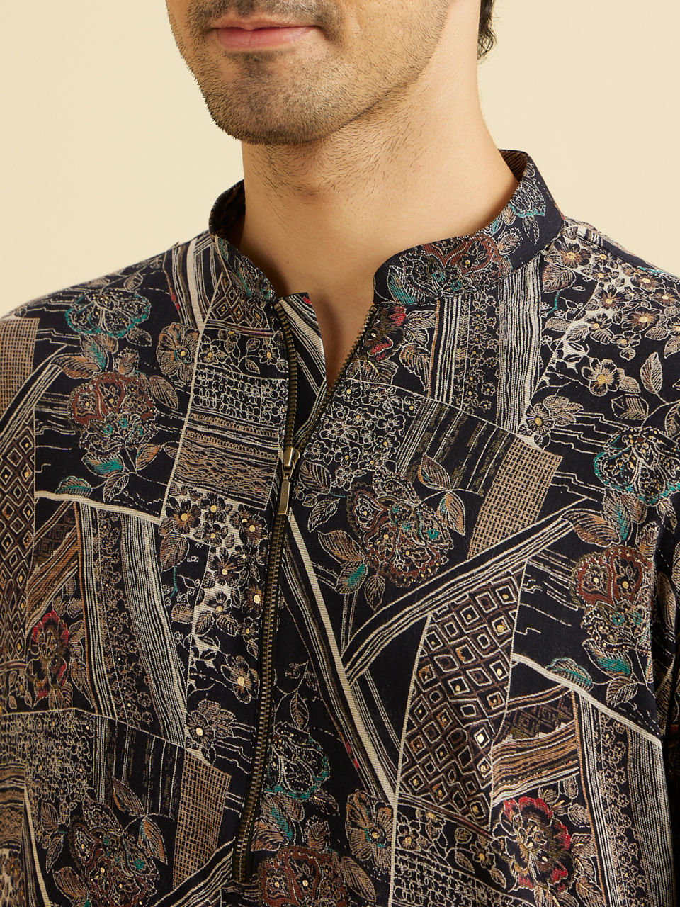 Manyavar Men Dark Blue Elite Spandex Kurta