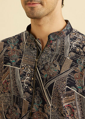 Manyavar Men Dark Blue Elite Spandex Kurta