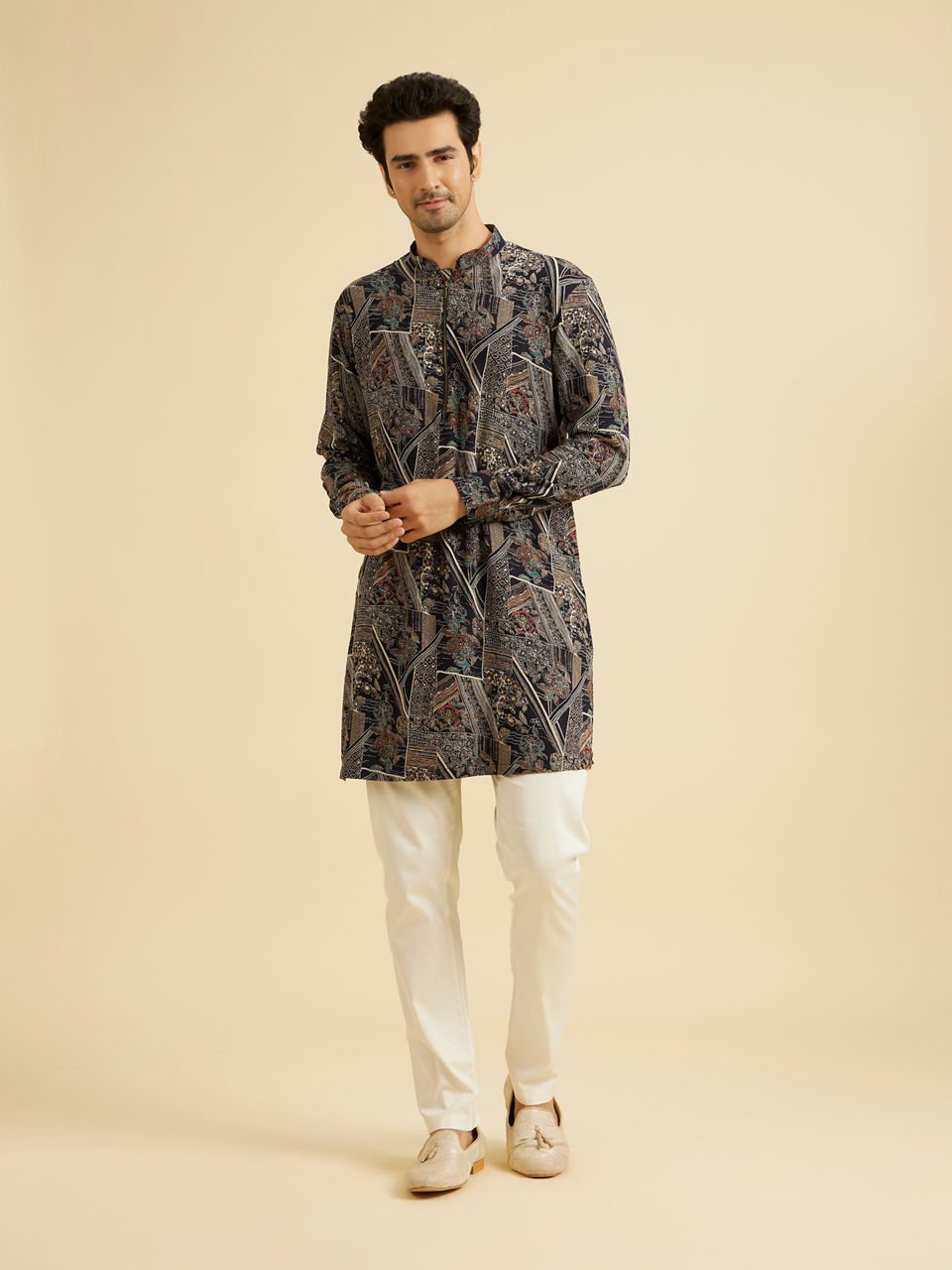 Manyavar Men Dark Blue Elite Spandex Kurta