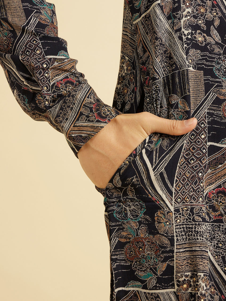 Manyavar Men Dark Blue Elite Spandex Kurta