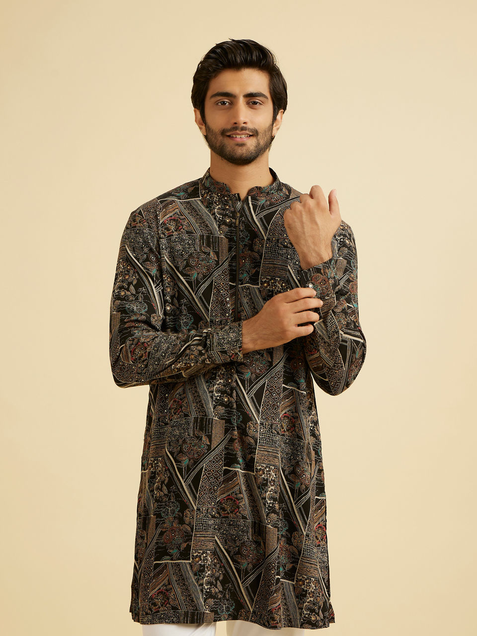 Manyavar Men Black Spandex Elegance Kurta