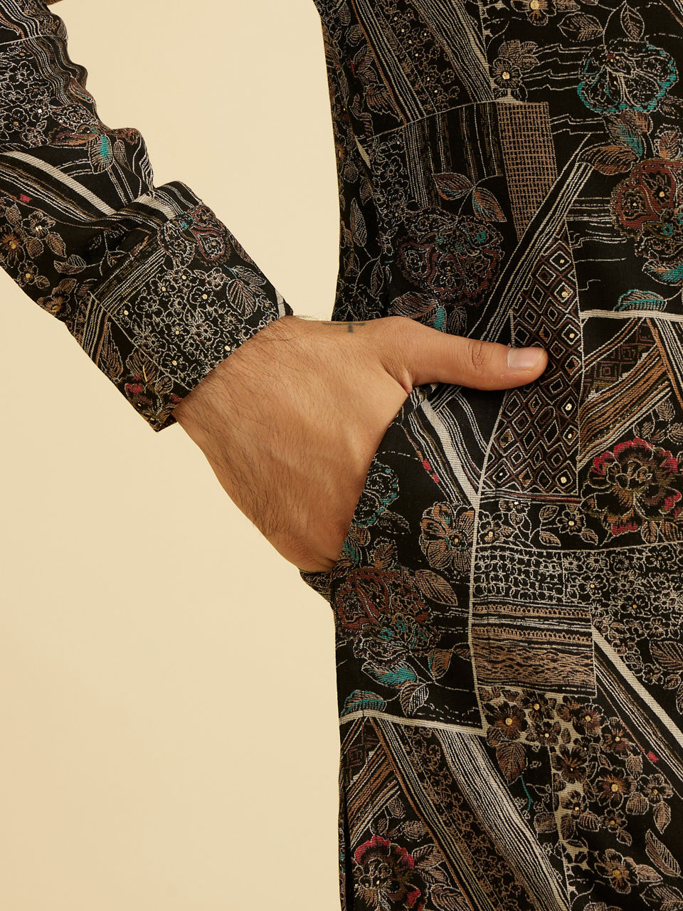 Manyavar Men Black Spandex Elegance Kurta