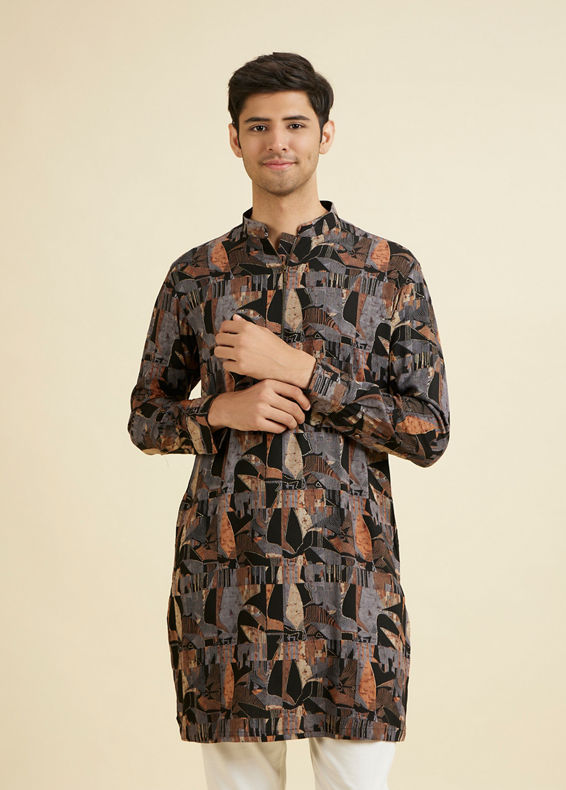 Manyavar Men Black Spandex Kurta Mid Length Kurta