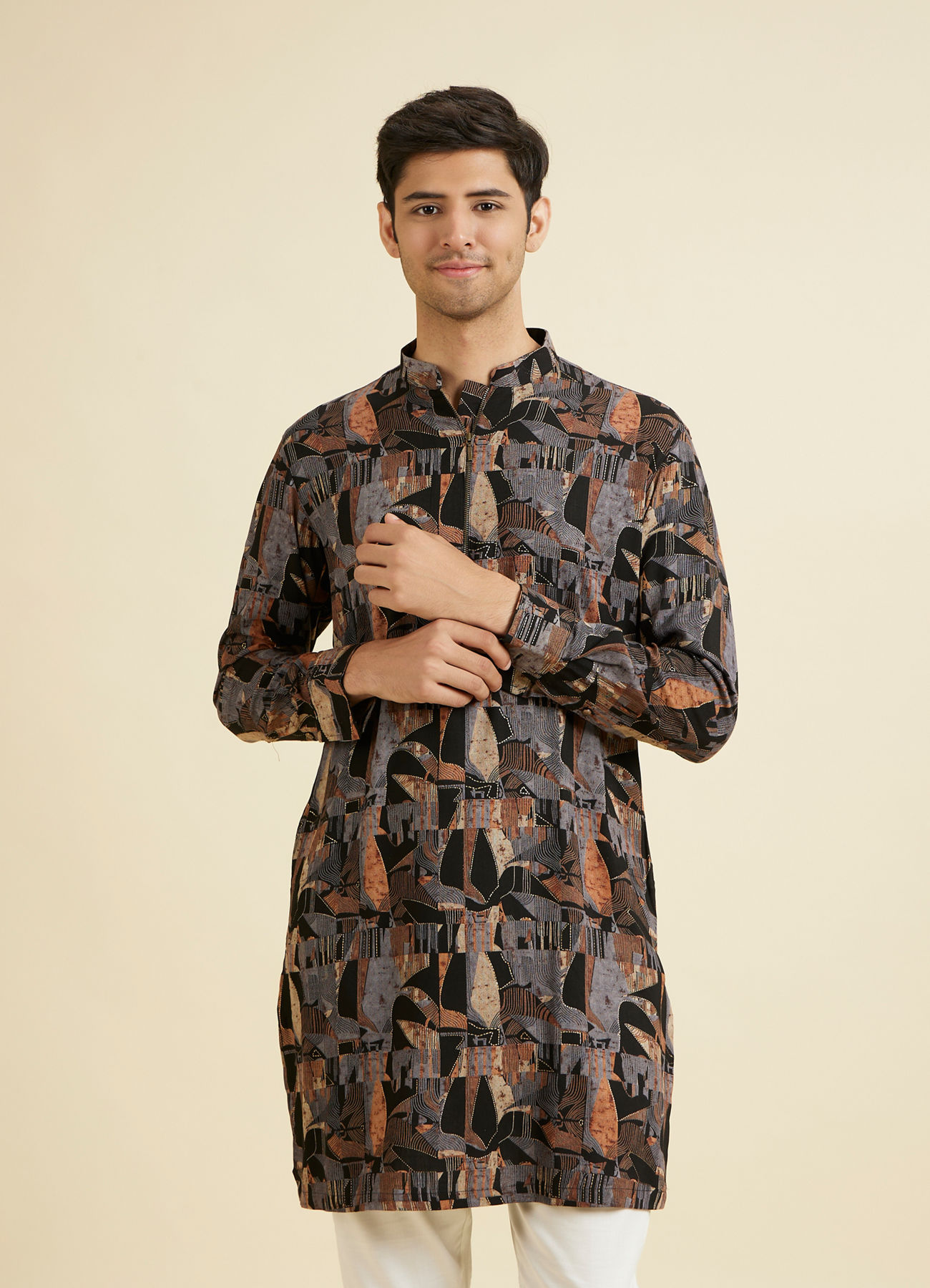 Manyavar Men Black Spandex Kurta Mid Length Kurta