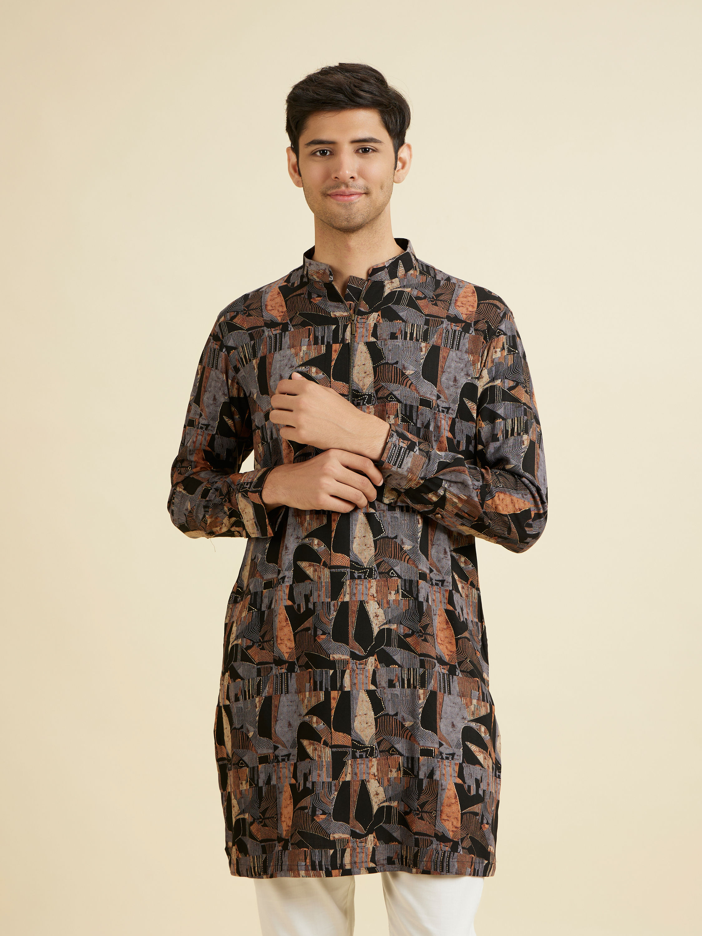 Manyavar Men Black Spandex Kurta Mid Length Kurta
