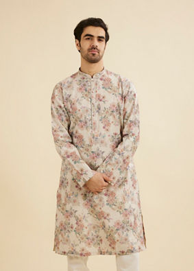Manyavar Men Natural Beige Floral Printed Kurta