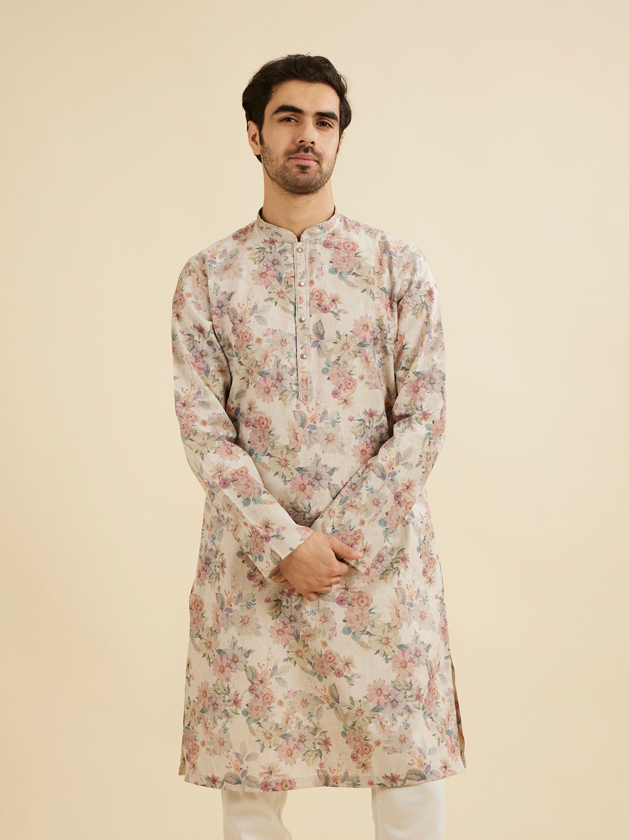 Manyavar Men Natural Beige Floral Printed Kurta