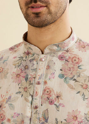 Manyavar Men Natural Beige Floral Printed Kurta