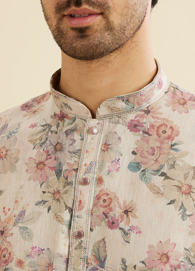 Manyavar Men Natural Beige Floral Printed Kurta