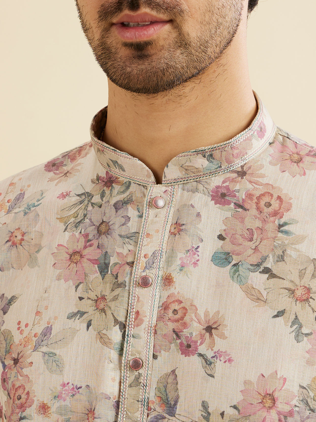 Manyavar Men Natural Beige Floral Printed Kurta