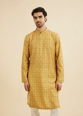 Manyavar Men Mustard Yellow Self Floral Motifs Printed Kurta