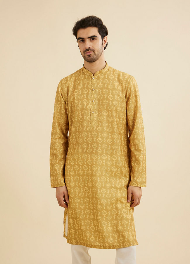 Manyavar Men Mustard Yellow Self Floral Motifs Printed Kurta