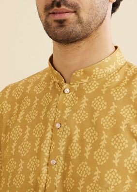 Manyavar Men Mustard Yellow Self Floral Motifs Printed Kurta
