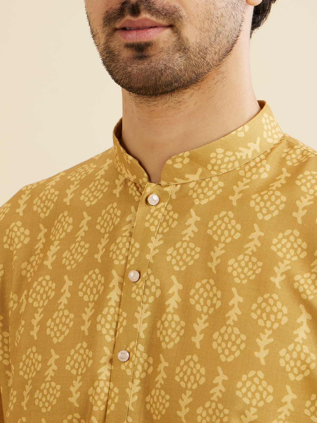 Manyavar Men Mustard Yellow Self Floral Motifs Printed Kurta