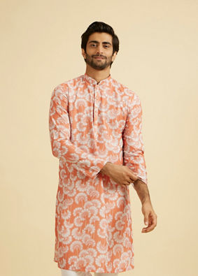 Manyavar Men Orange Cotton Celebration Kurta