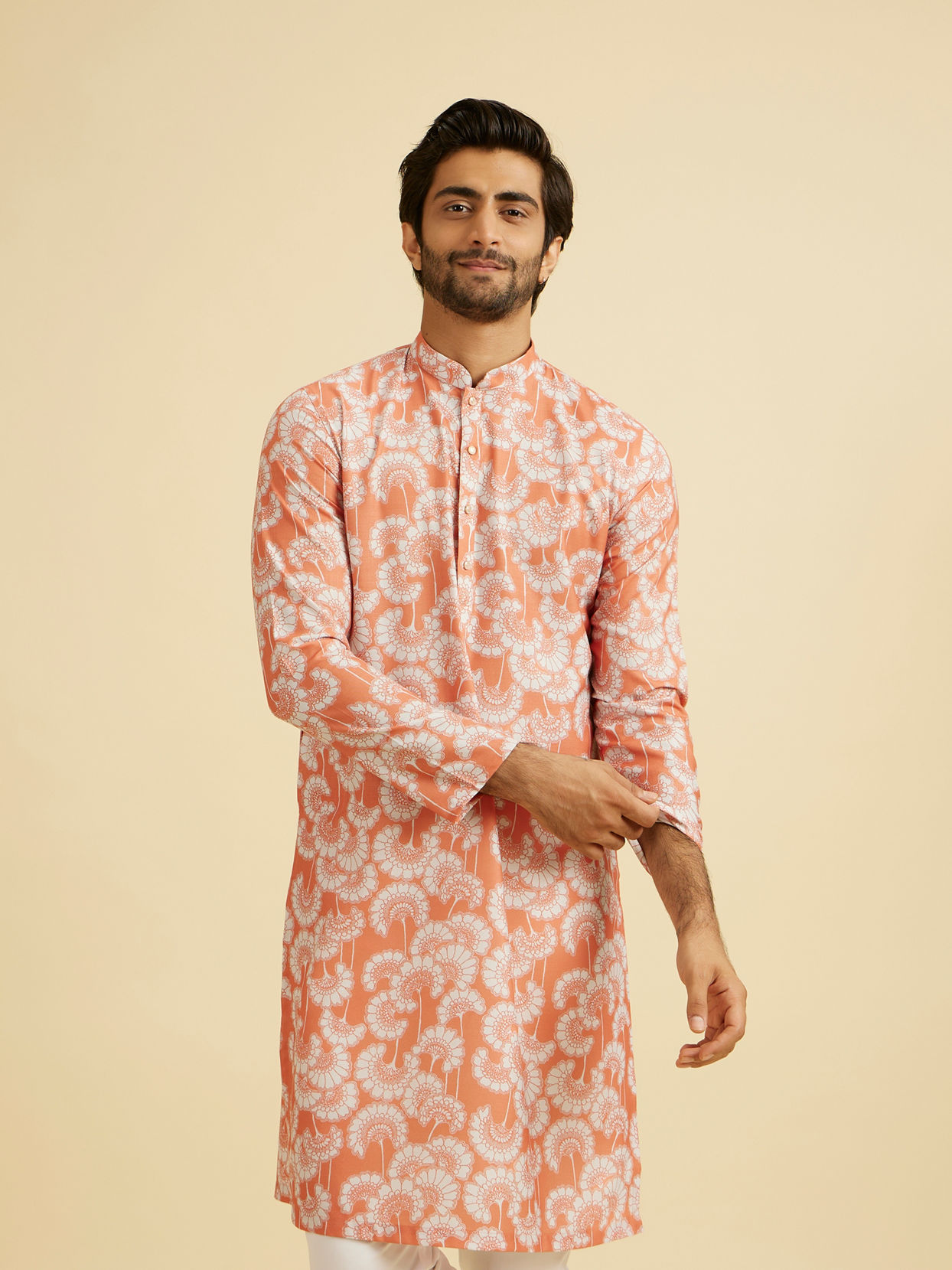Manyavar Men Orange Cotton Celebration Kurta