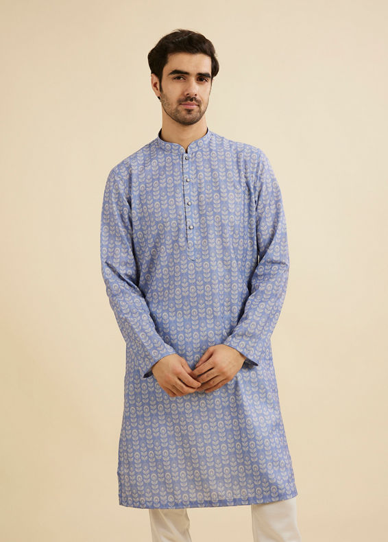 Manyavar Men Powder Blue Fern Printed Kurta
