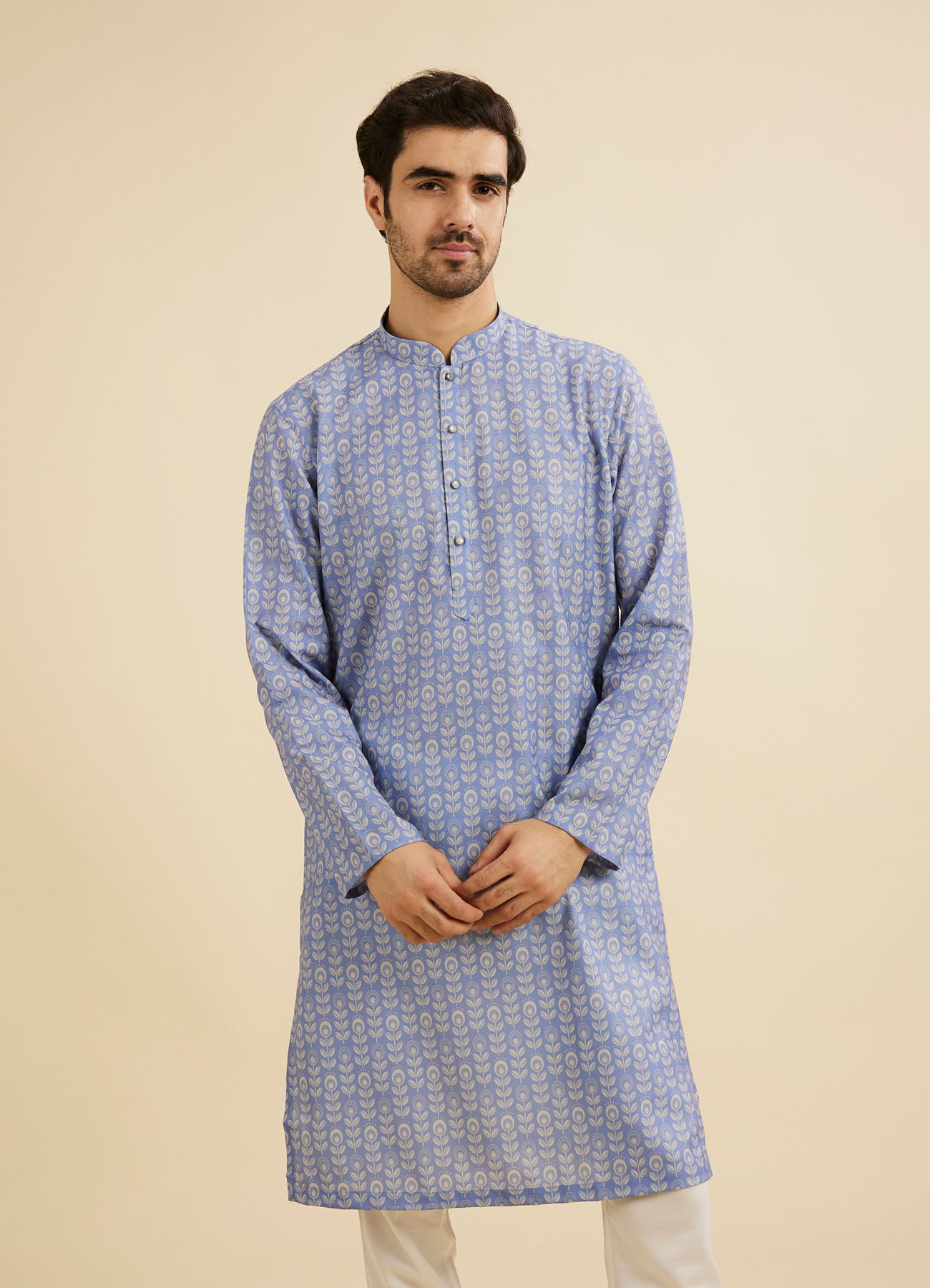 Manyavar Men Powder Blue Fern Printed Kurta