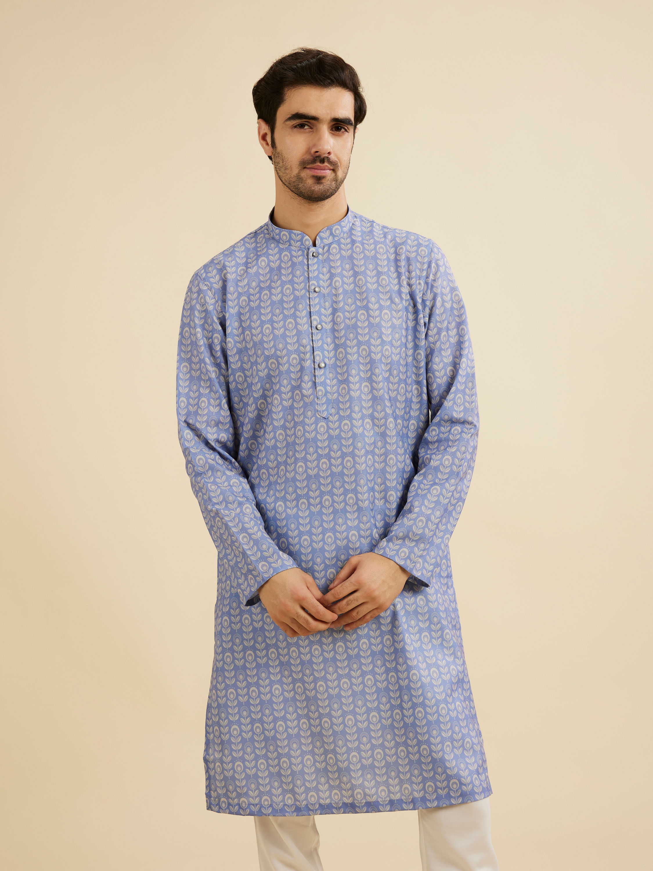 Manyavar Men Powder Blue Fern Printed Kurta