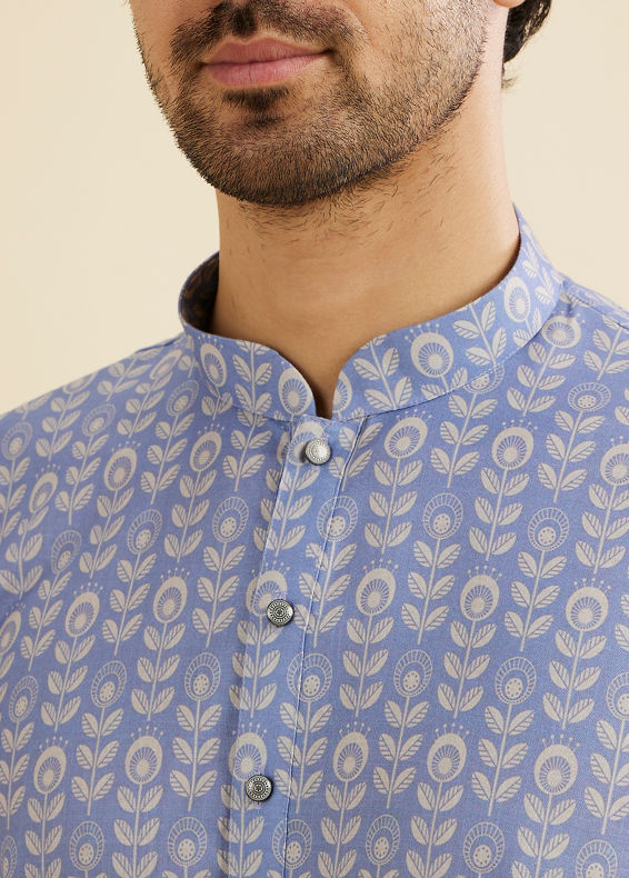 Manyavar Men Powder Blue Fern Printed Kurta