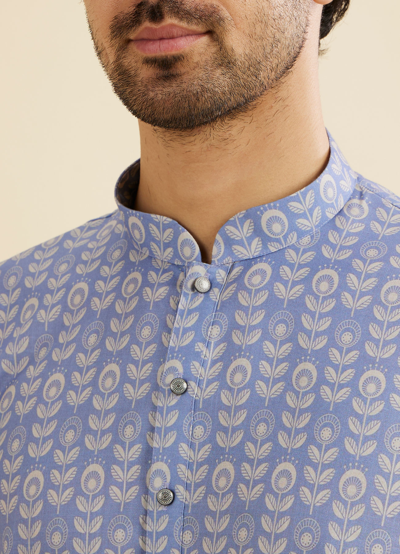 Manyavar Men Powder Blue Fern Printed Kurta