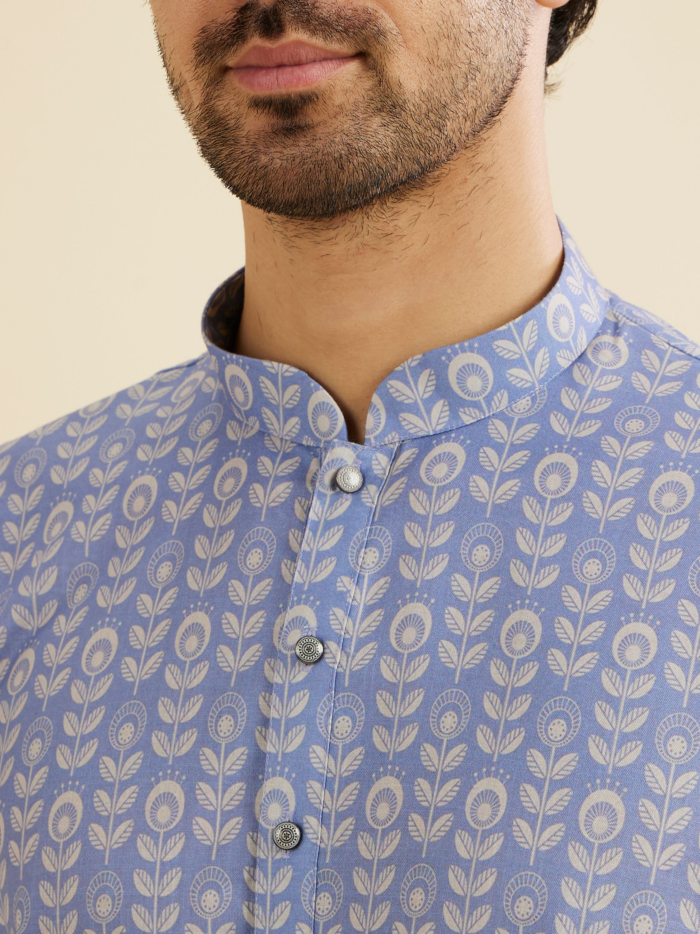Manyavar Men Powder Blue Fern Printed Kurta