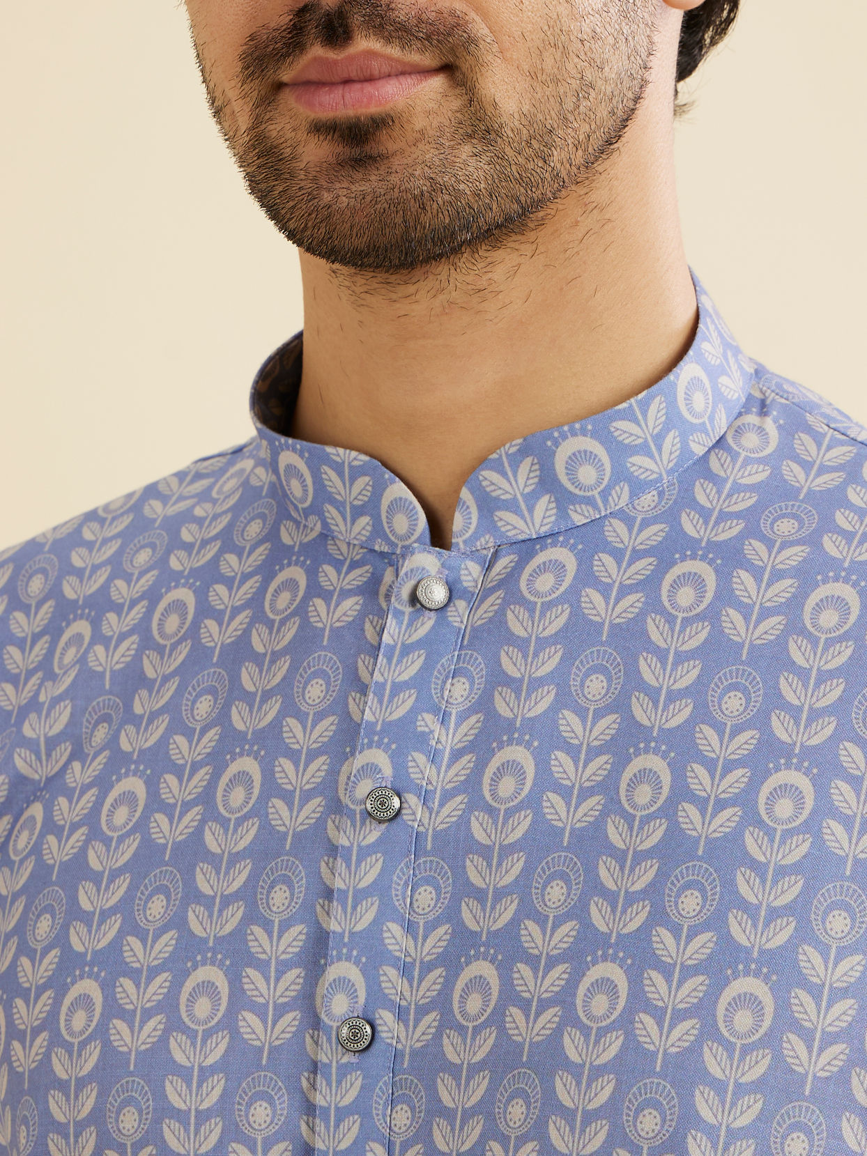 Manyavar Men Powder Blue Fern Printed Kurta