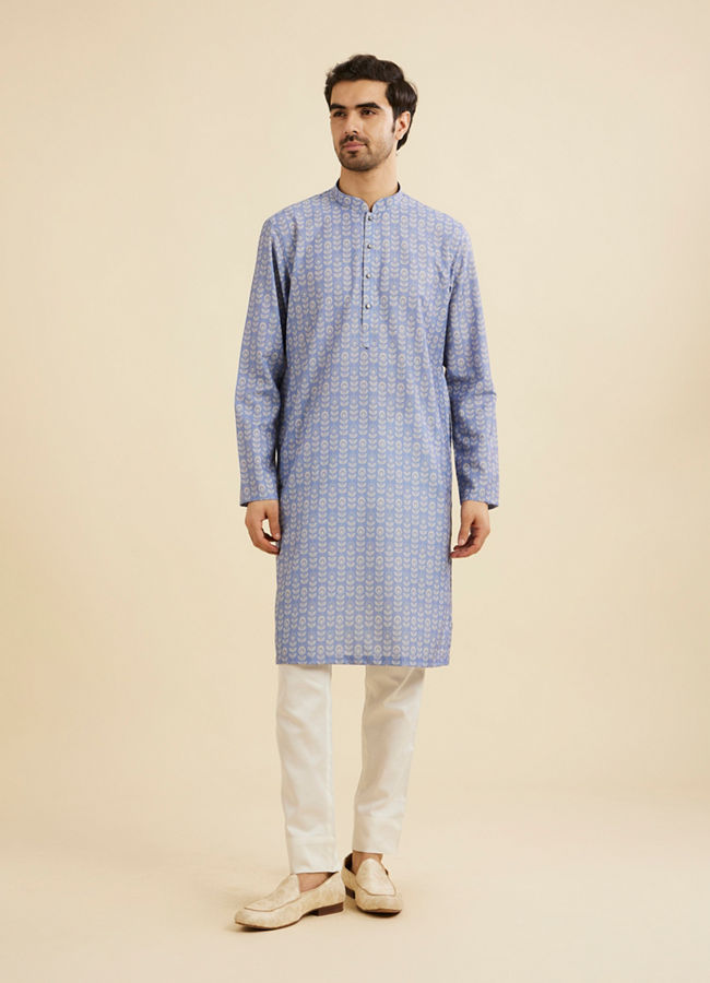 Manyavar Men Powder Blue Fern Printed Kurta