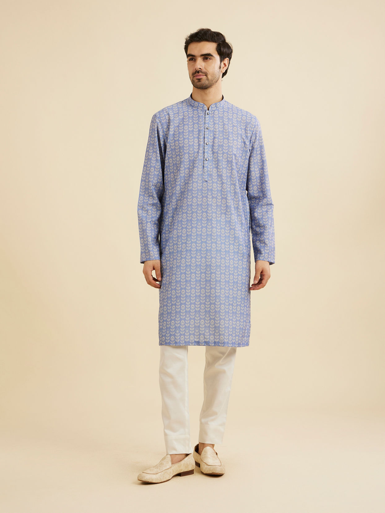 Manyavar Men Powder Blue Fern Printed Kurta