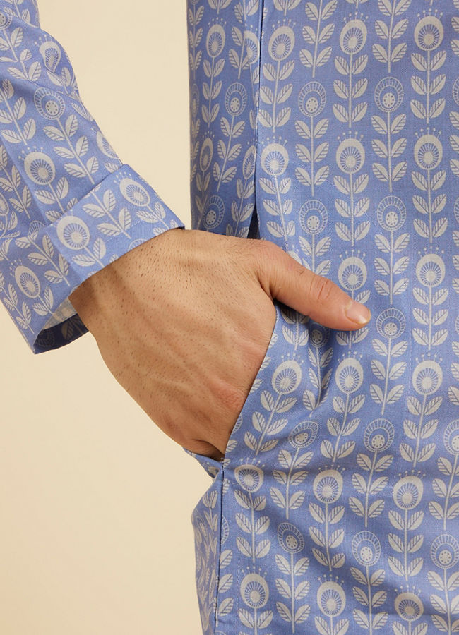Manyavar Men Powder Blue Fern Printed Kurta