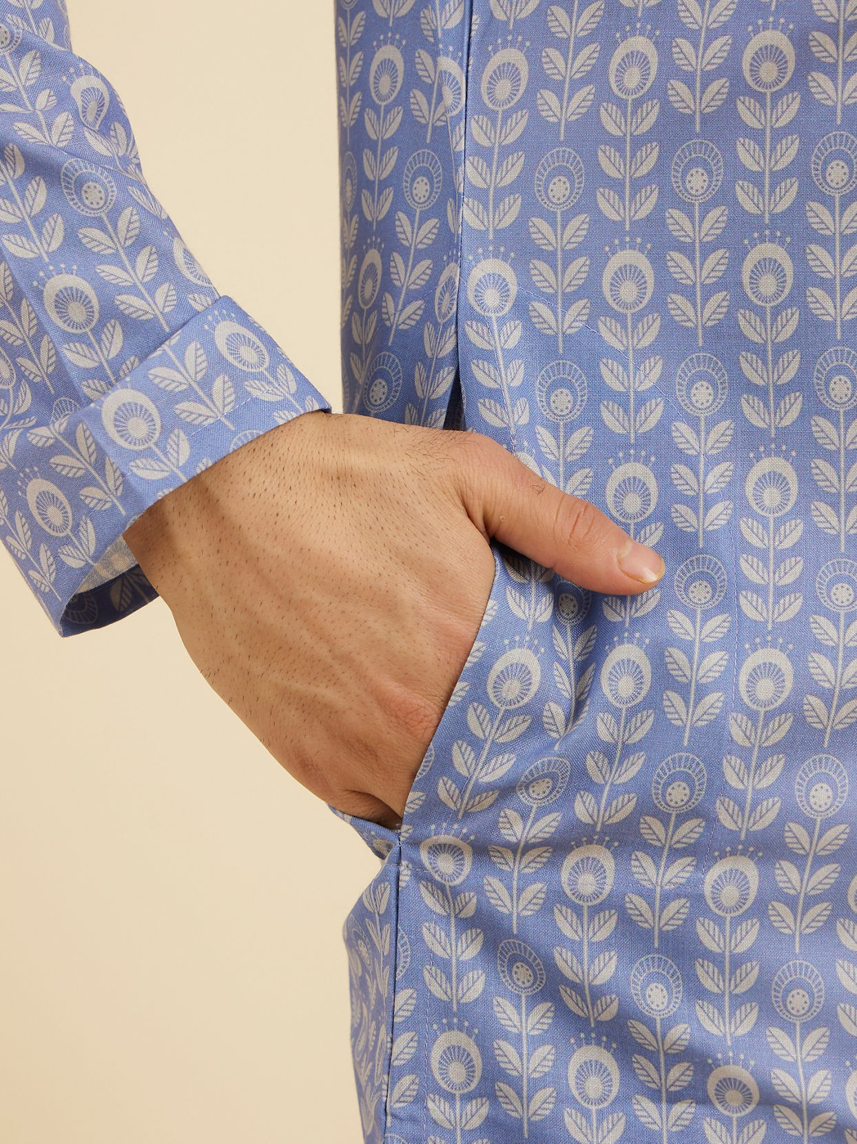 Manyavar Men Powder Blue Fern Printed Kurta