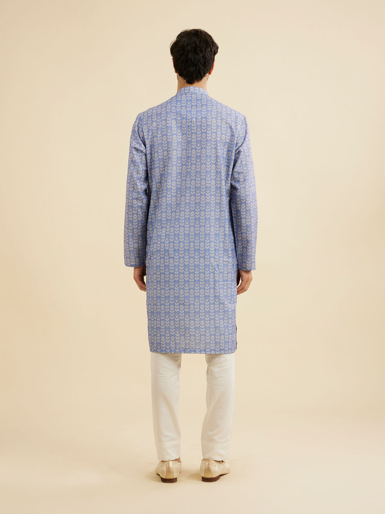 Manyavar Men Powder Blue Fern Printed Kurta